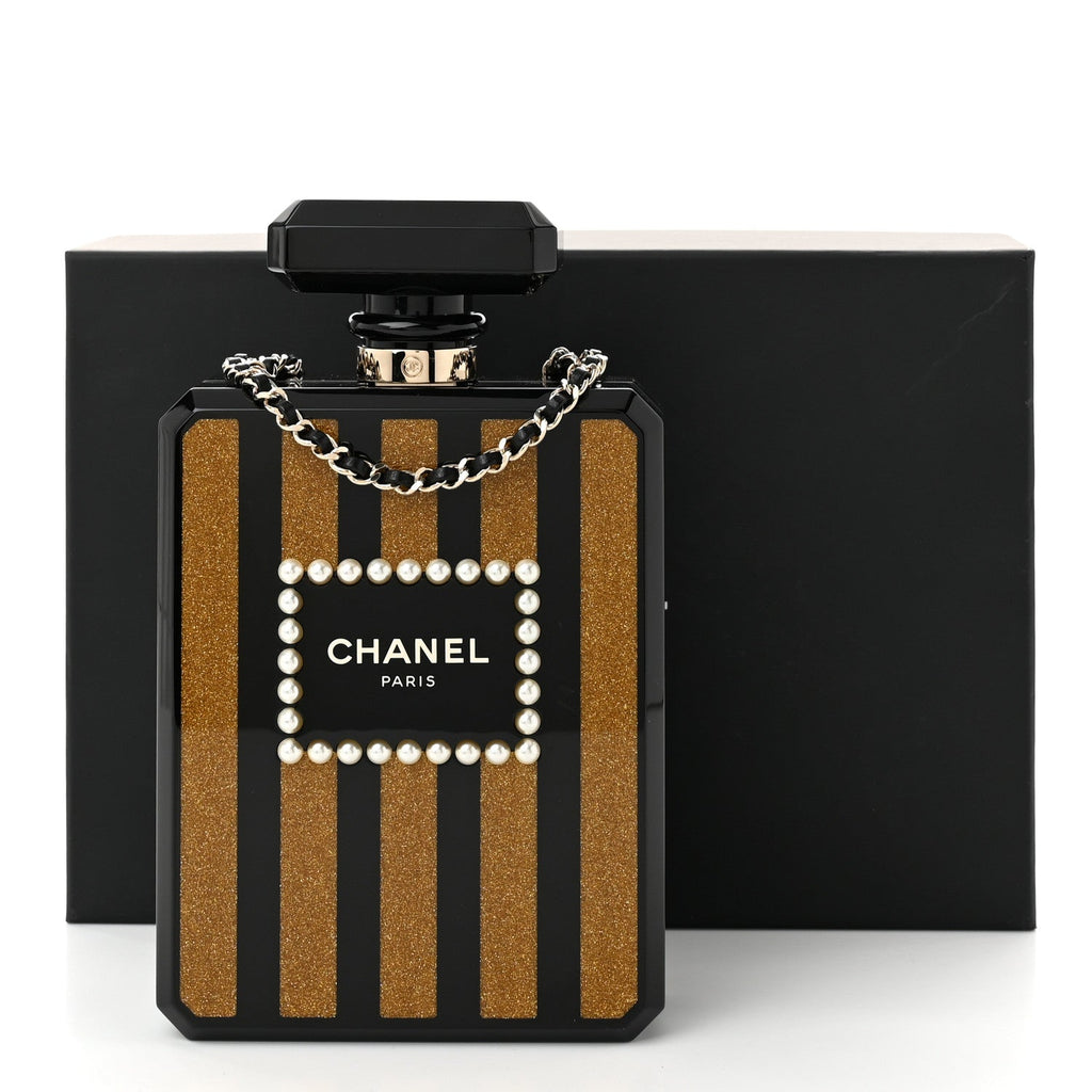Plexiglass Perfume Bottle Clutch Black Gold