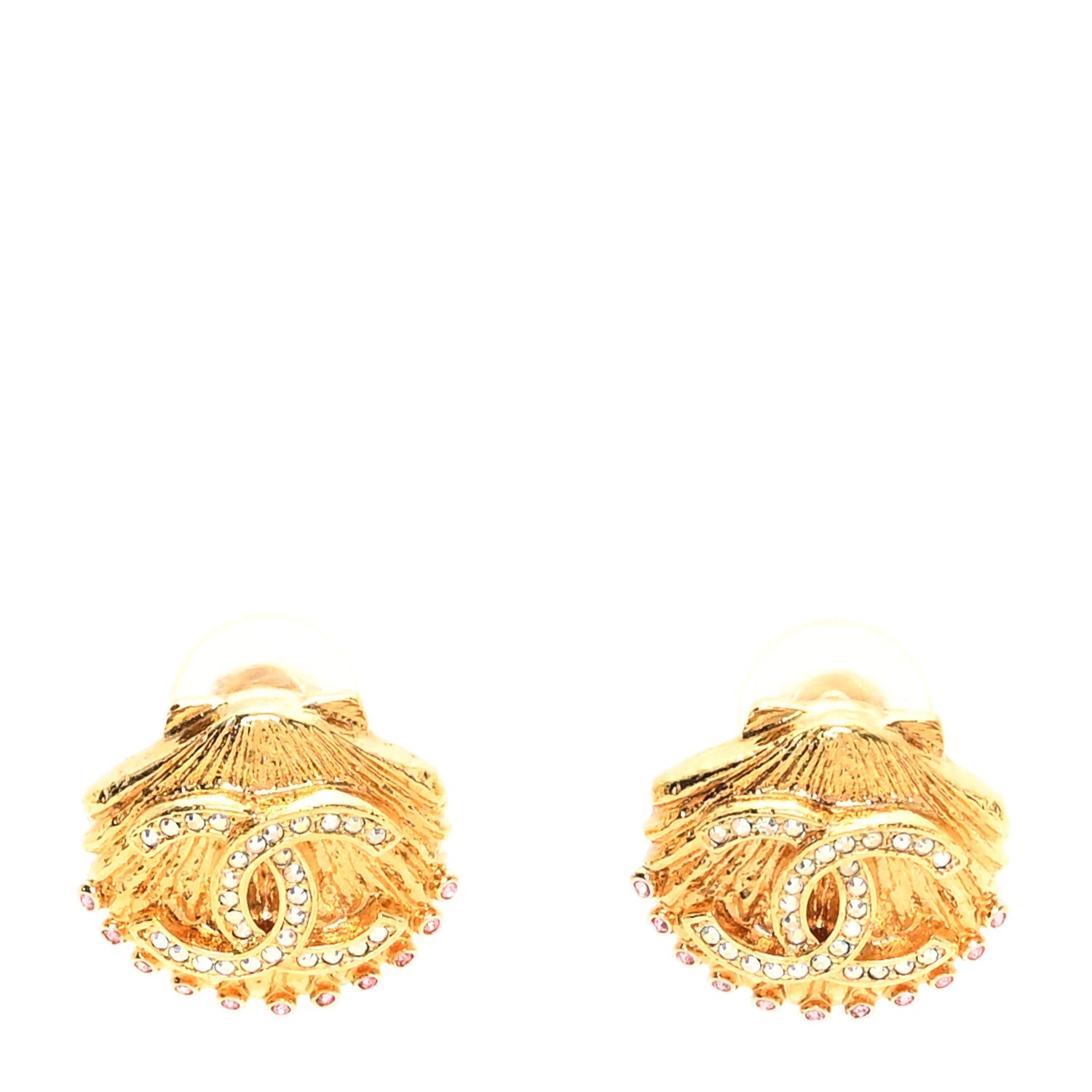 Crystal CC Shell Clip On Earrings Gold