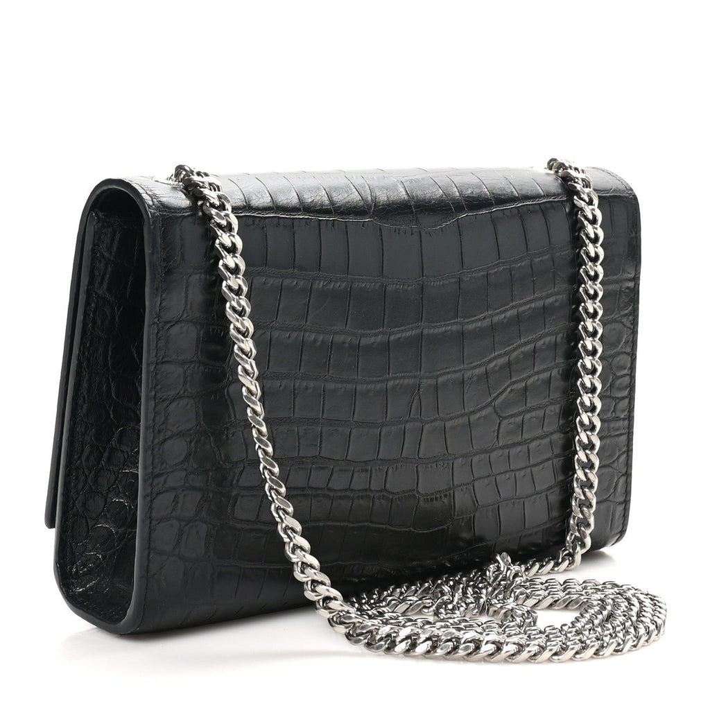 Calfskin Crocodile Embossed Small Classic Monogram Kate Tassel Satchel Black