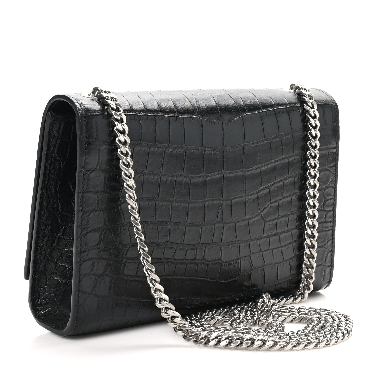 Calfskin Crocodile Embossed Small Classic Monogram Kate Tassel Satchel Black