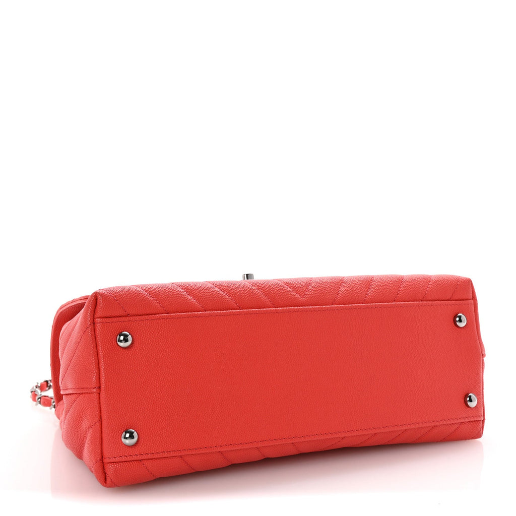 Caviar Chevron Quilted Small Coco Handle Flap Coral