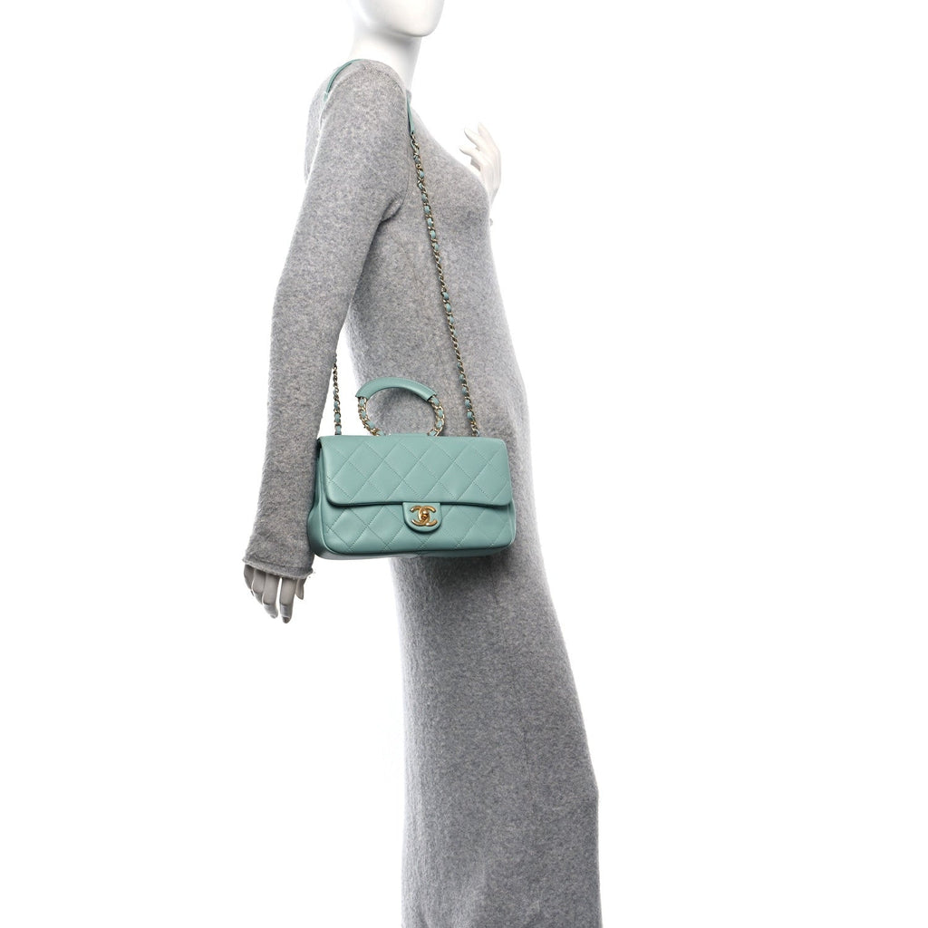Lambskin Quilted Medium In The Loop Handle Flap Bag Light Blue