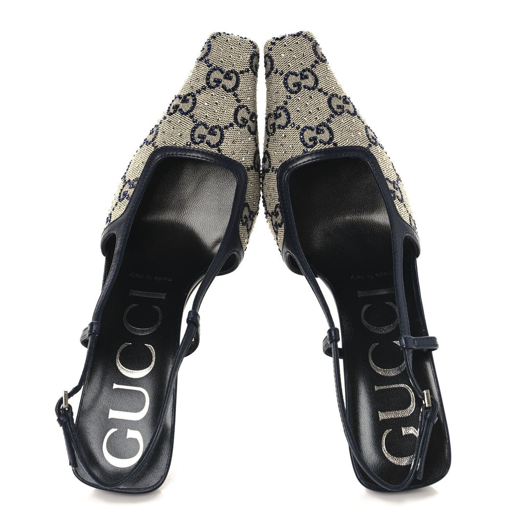 GG Monogram Malaga Kid Crystal Square G 75mm Slingback Pumps 36.5 Beige Blue