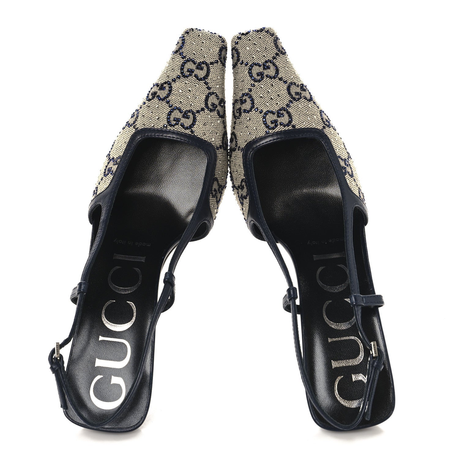 GG Monogram Malaga Kid Crystal Square G 75mm Slingback Pumps 36.5 Beige Blue