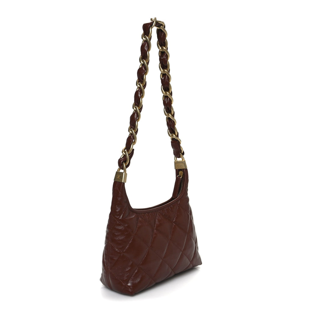Shiny Crumpled Lambskin Quilted Small CC Funky Town Hobo Brown