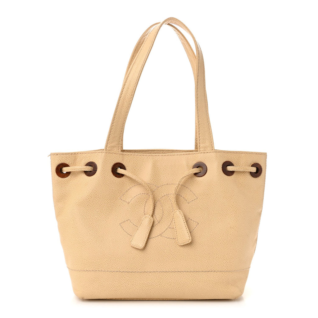 Caviar Wood CC Drawstring Bucket Bag Beige