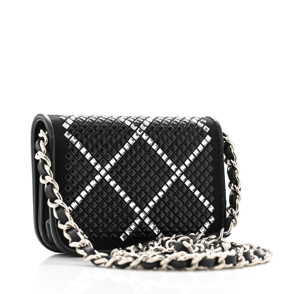Lambskin Crystal Quilted Mini Chain Belt Bag Black