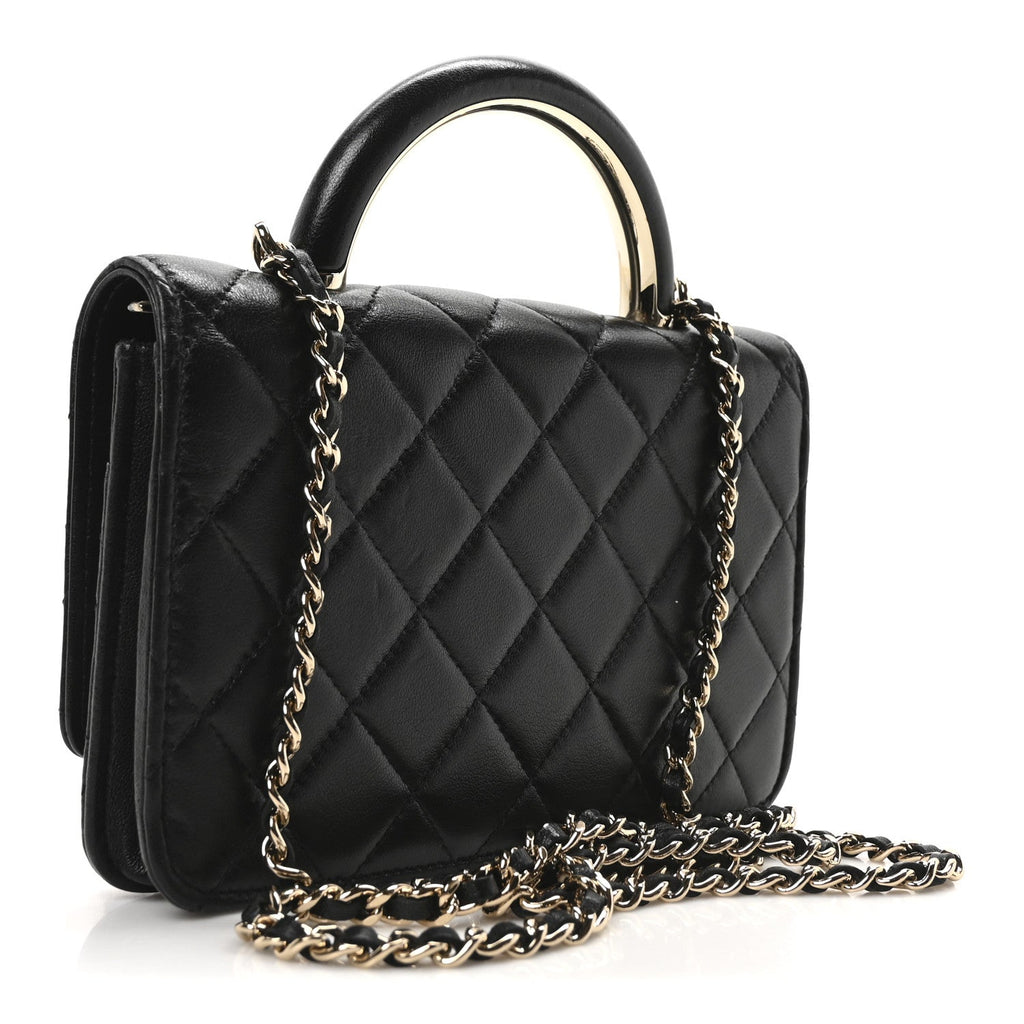 Lambskin Quilted Top Handle Wallet On Chain WOC Black