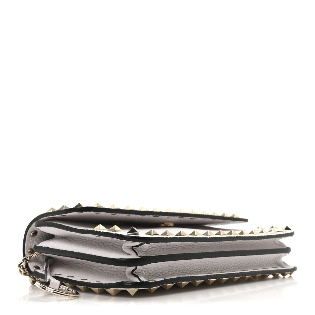 Grainy Calfskin Rockstud Chain Pouch White