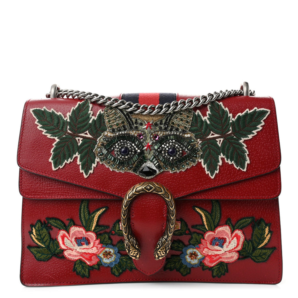 Calfskin Web Raccoon Embroidered Medium Dionysus Shoulder Bag Red