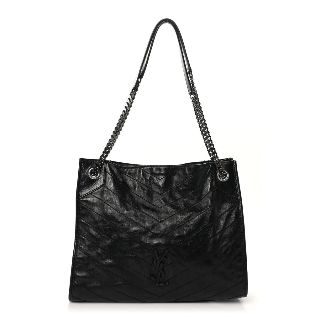 Crinkled Calfskin Matelasse Monogram Medium Niki Shopper Tote Black