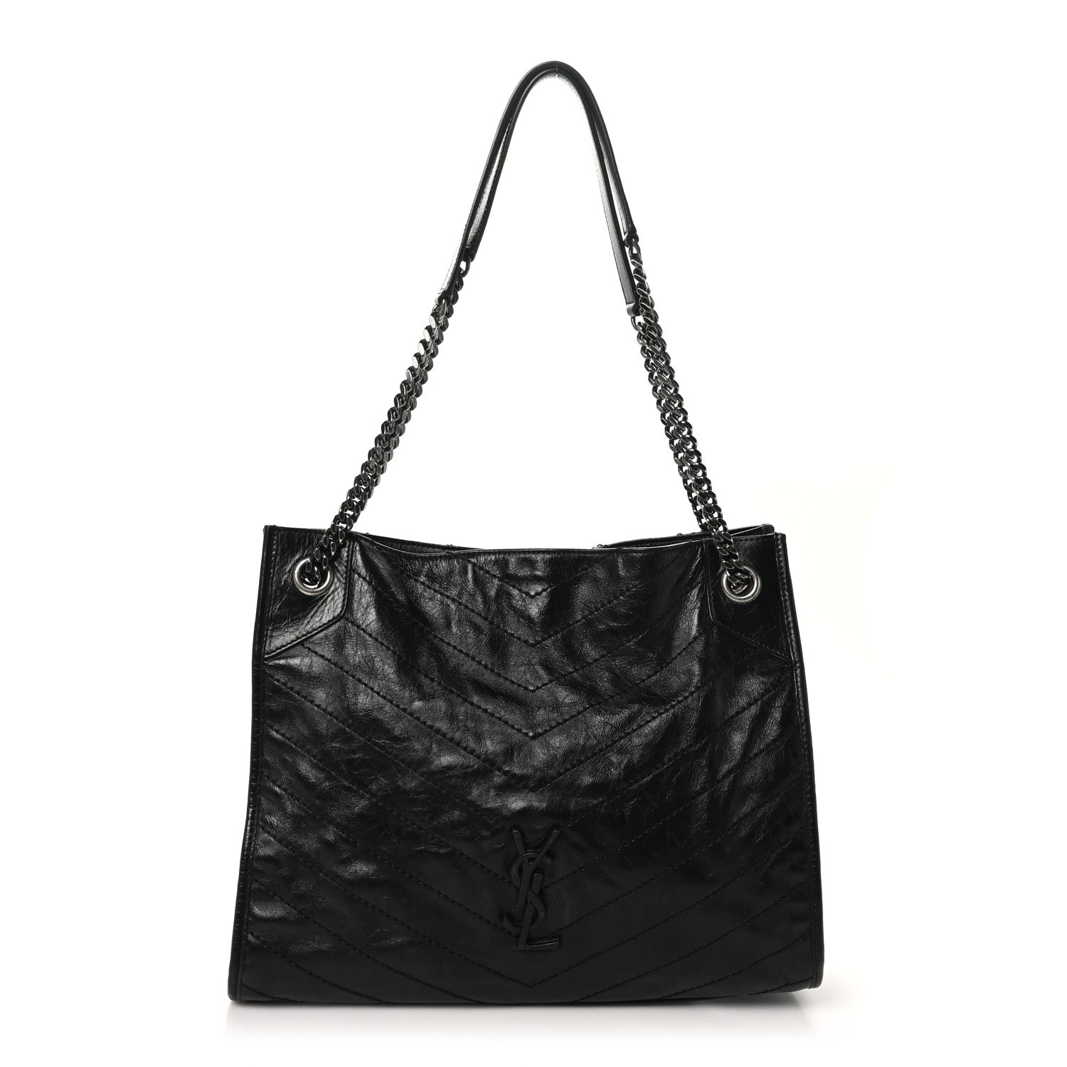 Crinkled Calfskin Matelasse Monogram Medium Niki Shopper Tote Black