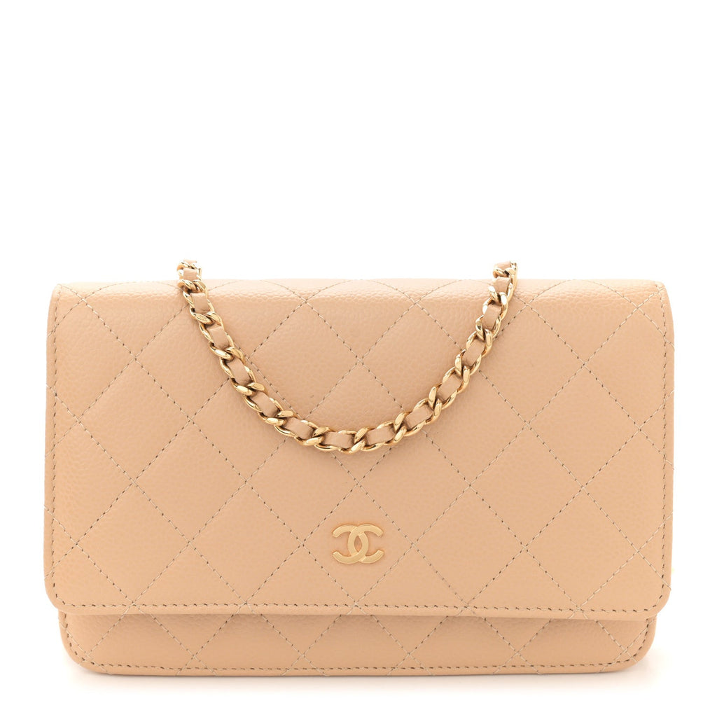 Caviar Quilted Wallet on Chain WOC Beige