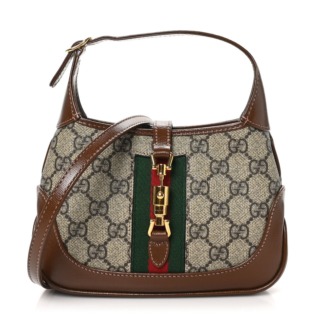GG Supreme Monogram Azalea Calfskin Web Mini Jackie 1961 Hobo Beige Ebony Brown Sugar