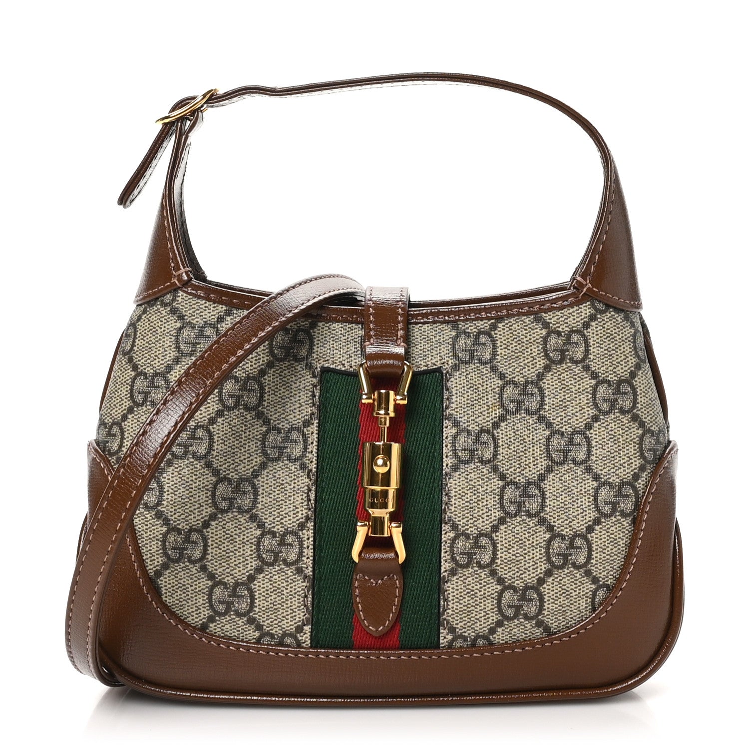 GG Supreme Monogram Azalea Calfskin Web Mini Jackie 1961 Hobo Beige Ebony Brown Sugar