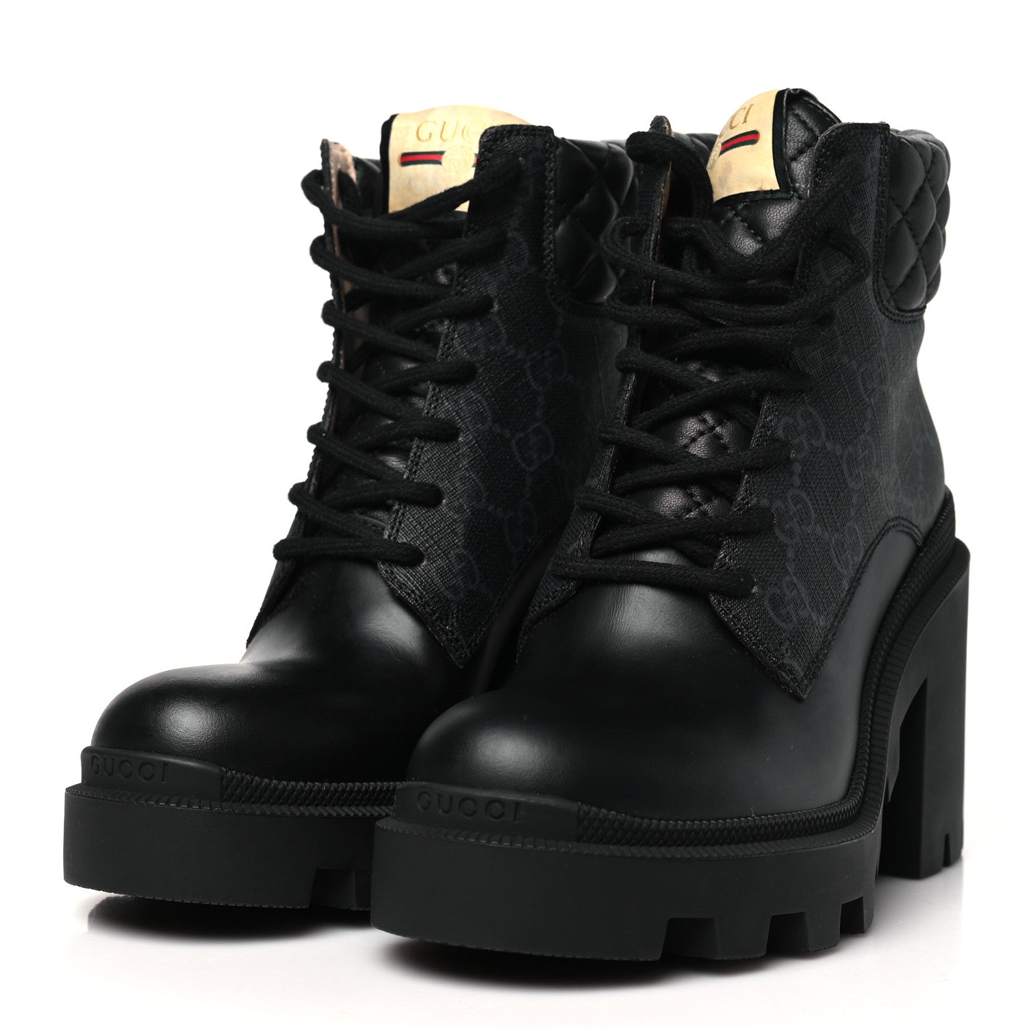Apollo Calfskin GG Supreme Nappa Samoa Quilted Lace Up Ankle Boots 35 Black