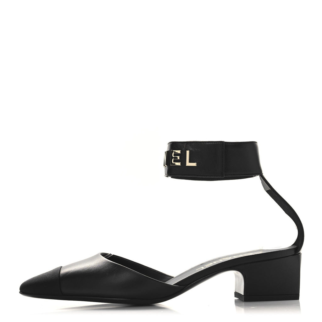 Lambskin Grosgrain Cap Toe Logo Ankle Strap Pumps 39 Black