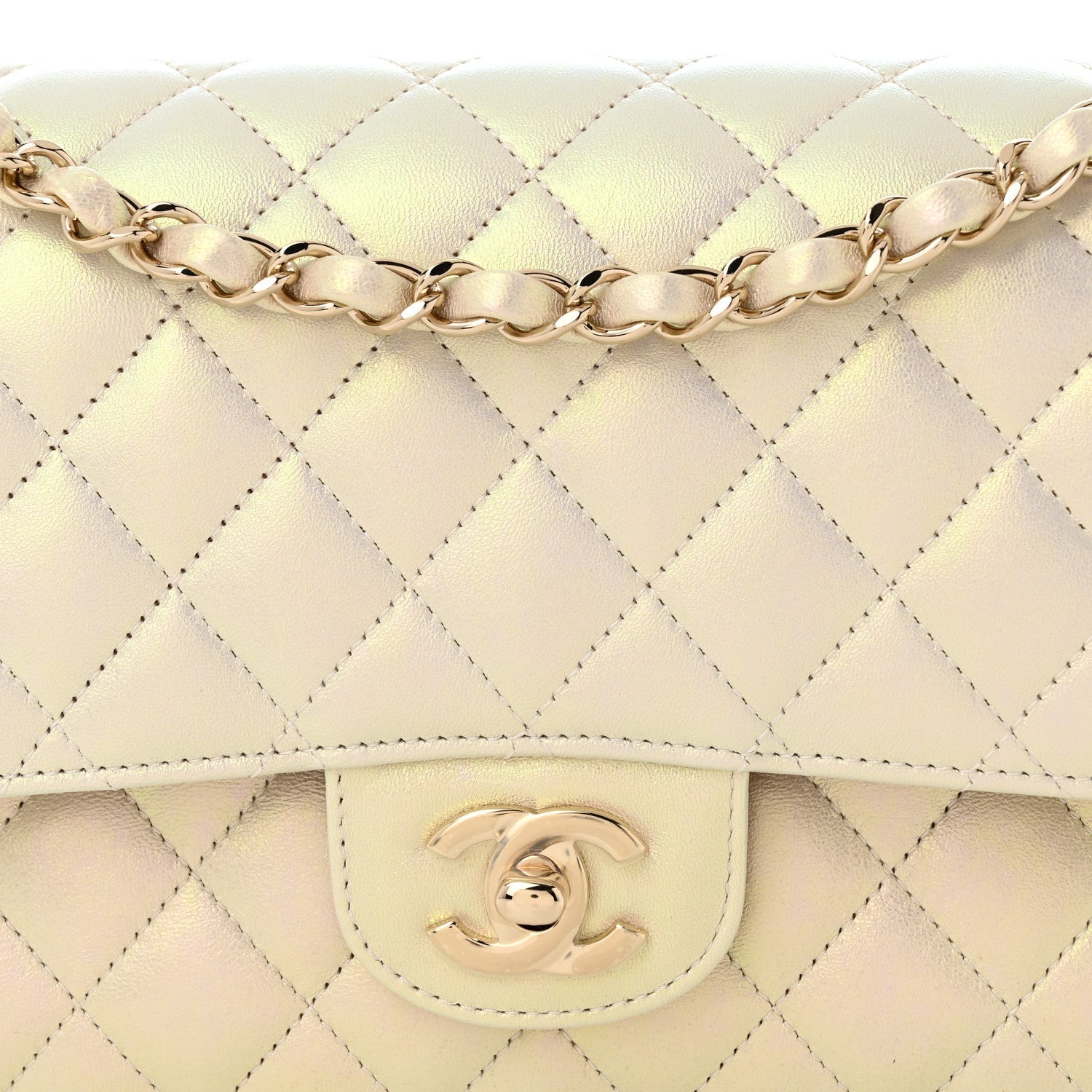 Iridescent Lambskin Quilted Medium Double Flap Ivory