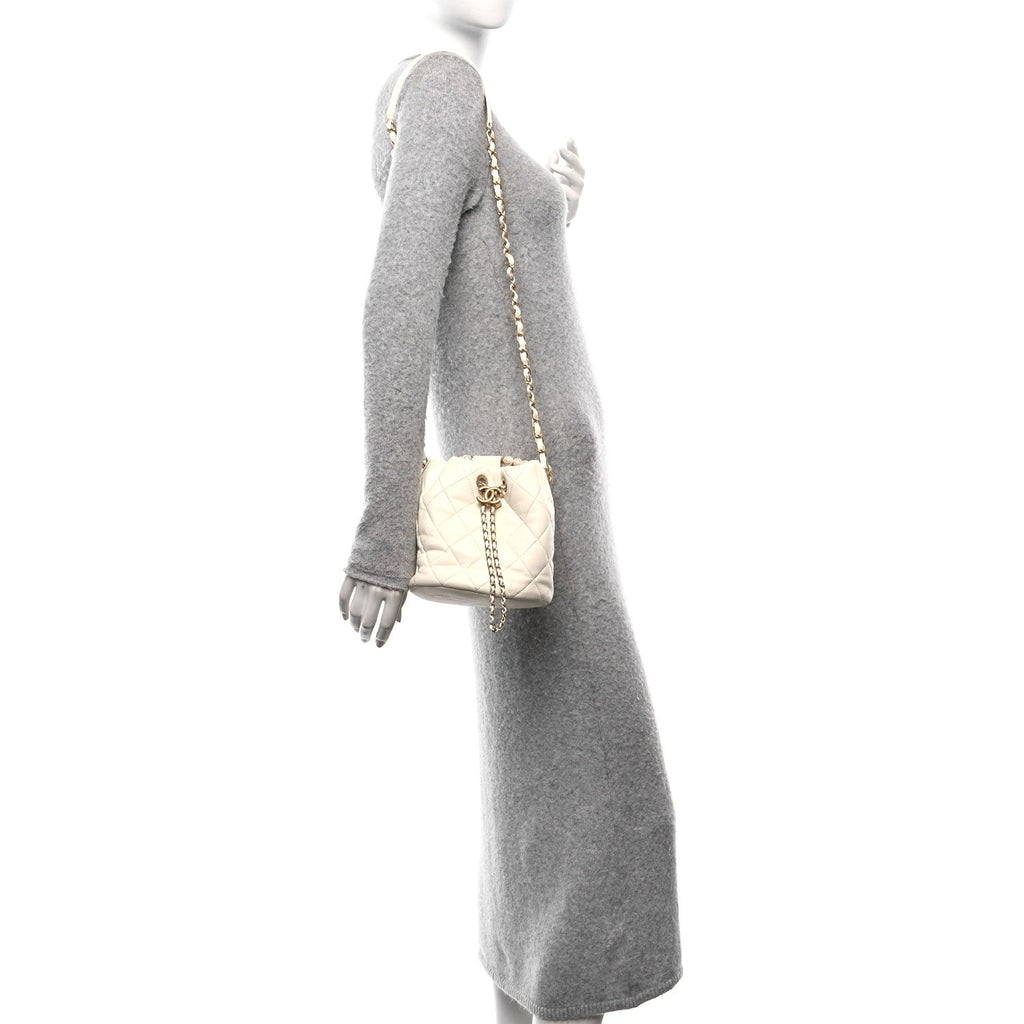 Lambskin Quilted Pearl Crown Drawstring Bag White