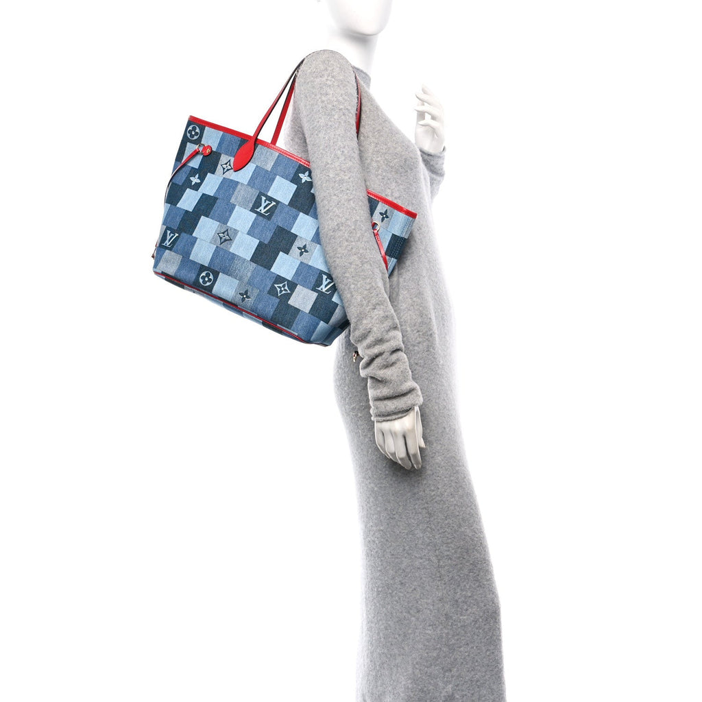Denim Damier Monogram Patchwork Neverfull Blue Rouge