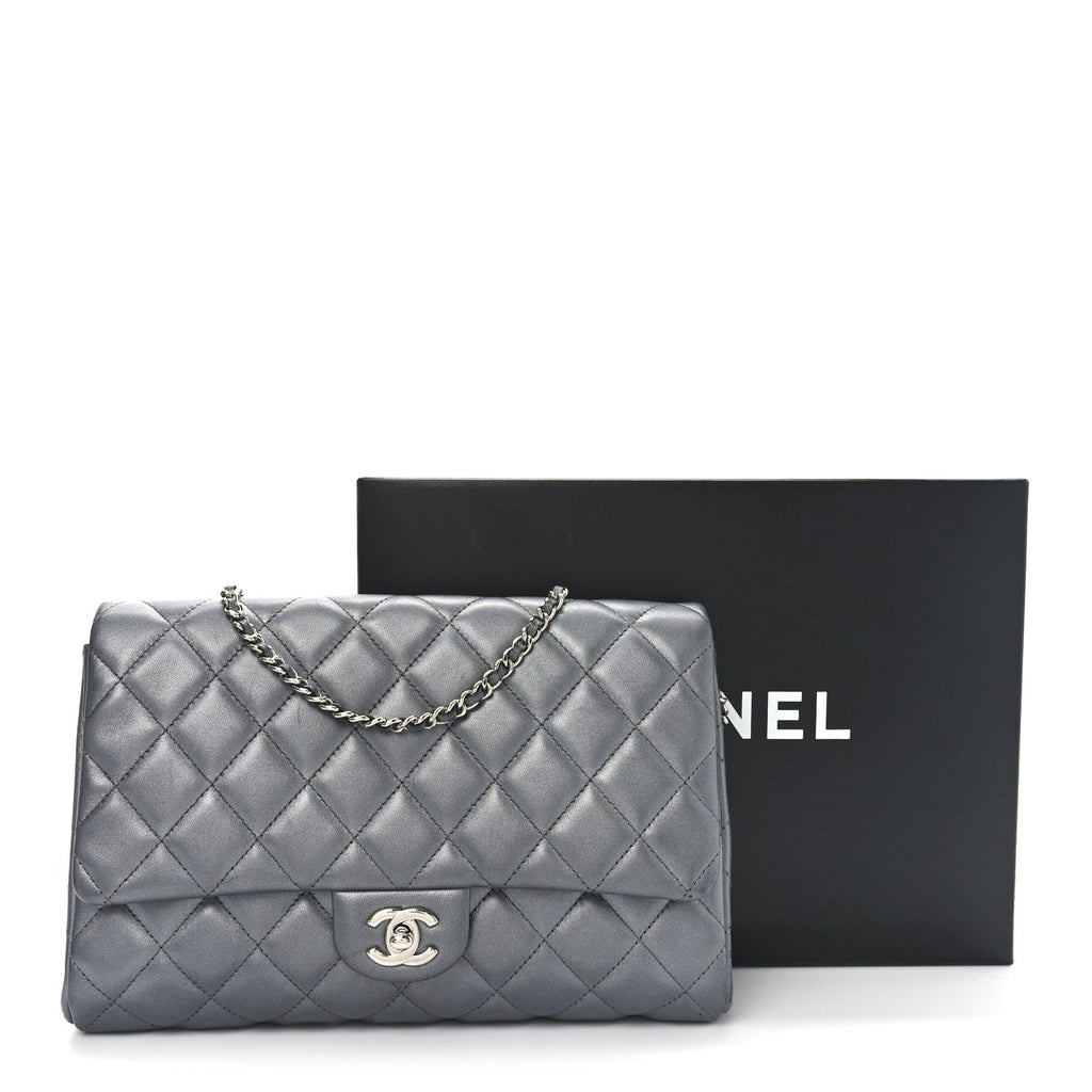Metallic Lambskin Quilted Clutch With Chain Flap   Dark Grey