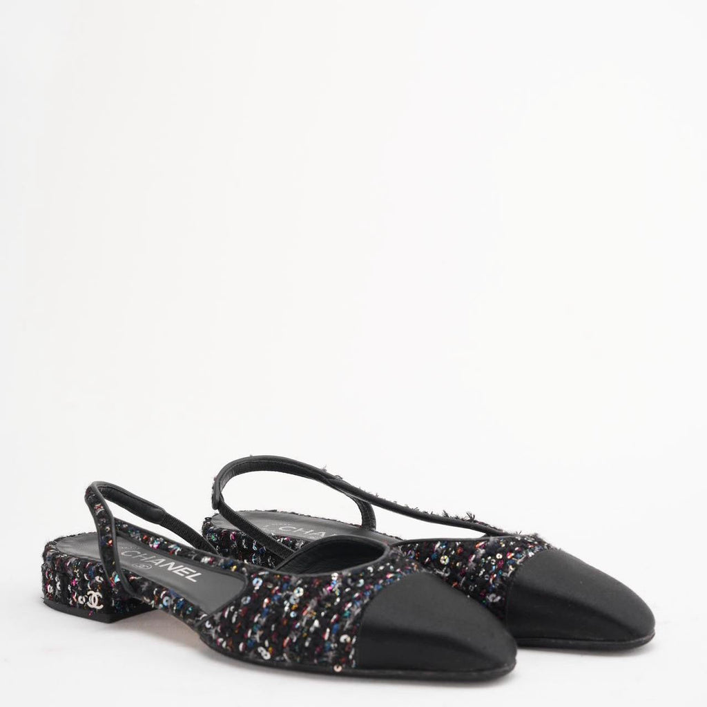 Chanel Black Sequin Slingback Cap Toe CC Glittered Tweed 38