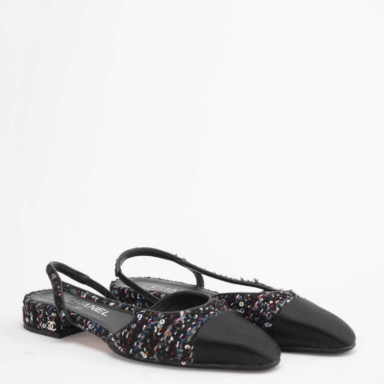 Chanel Black Sequin Slingback Cap Toe CC Glittered Tweed 38