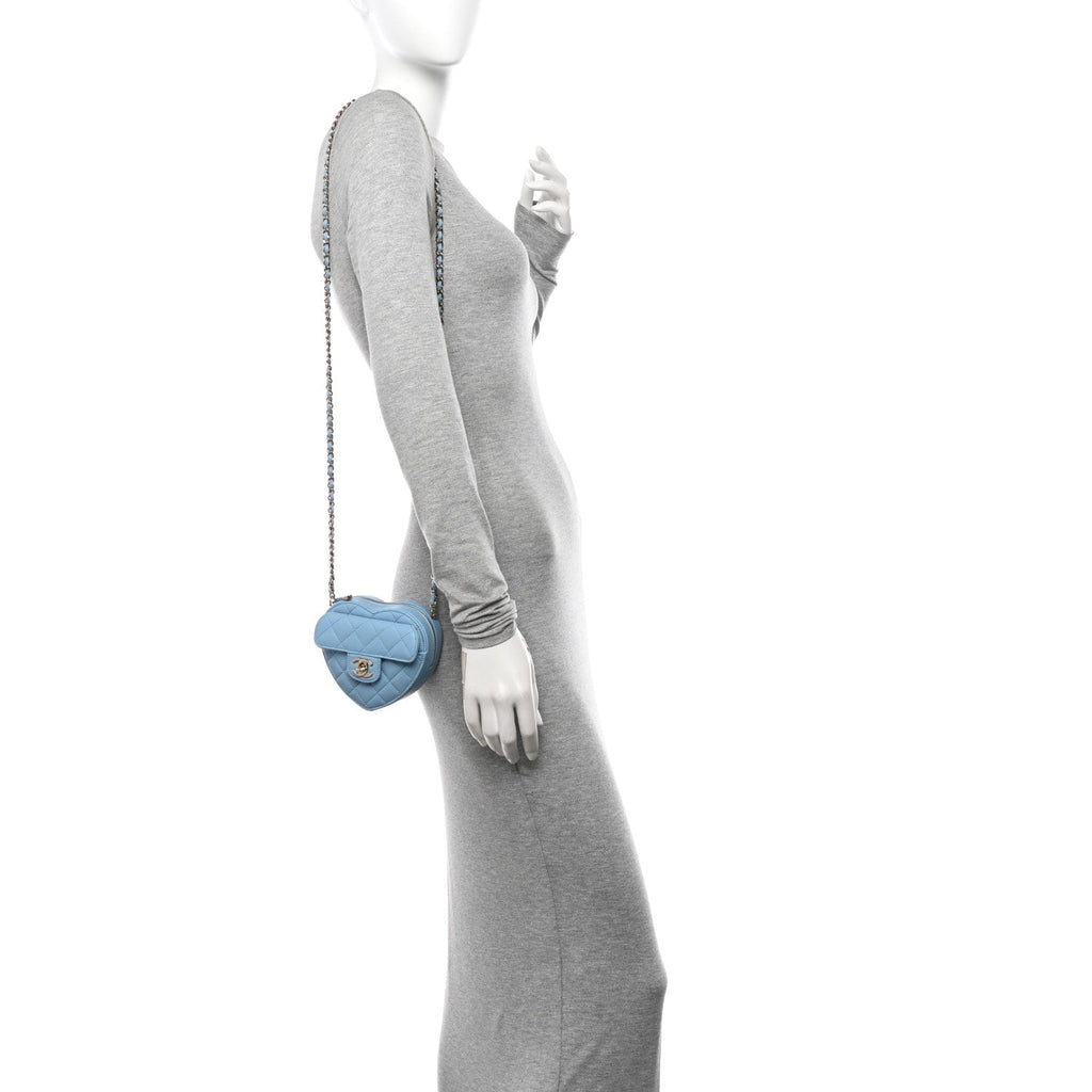 Lambskin Quilted CC In Love Heart Clutch With Chain Light Blue