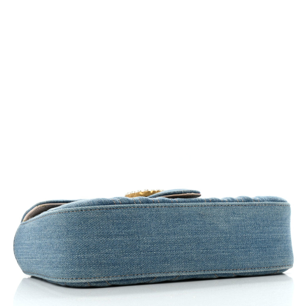Denim Matelasse Mini Pearly GG Marmont Shoulder Bag Blue