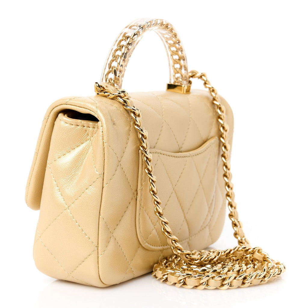 Metallic Lambskin Resin Quilted Top Handle Mini Flap Gold