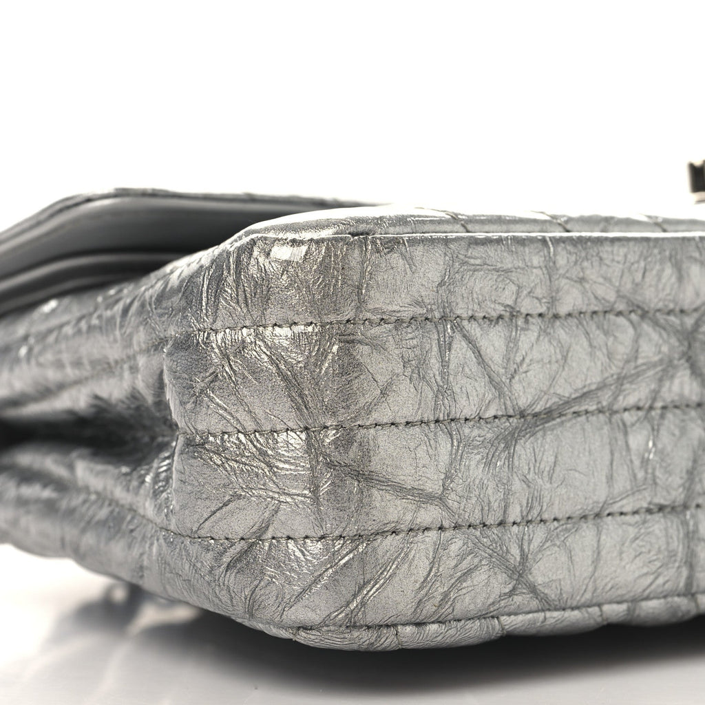 Metallic Patent Crumpled Calfskin Chevron Quilted Medium Double Flap Silver