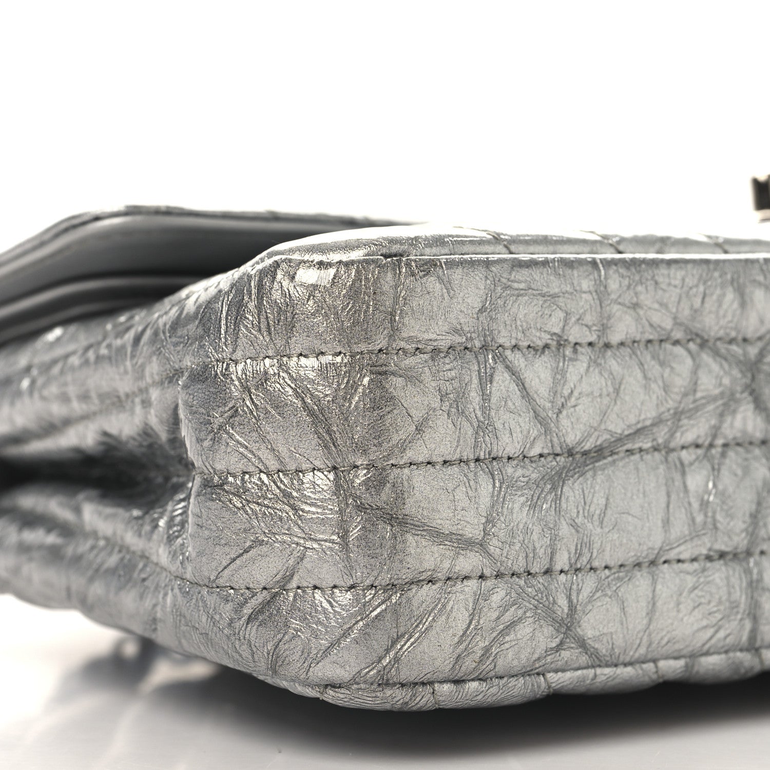 Metallic Patent Crumpled Calfskin Chevron Quilted Medium Double Flap Silver
