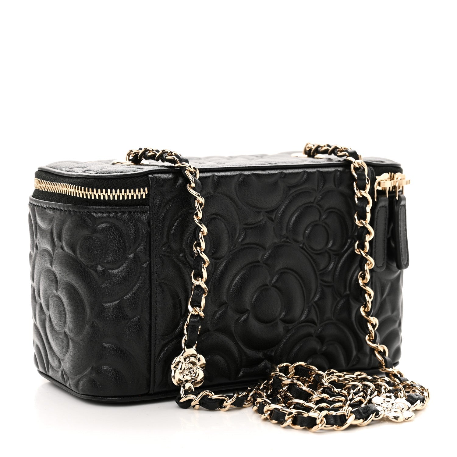 Lambskin Camellia Embossed Small Vanity Case With Chain Black