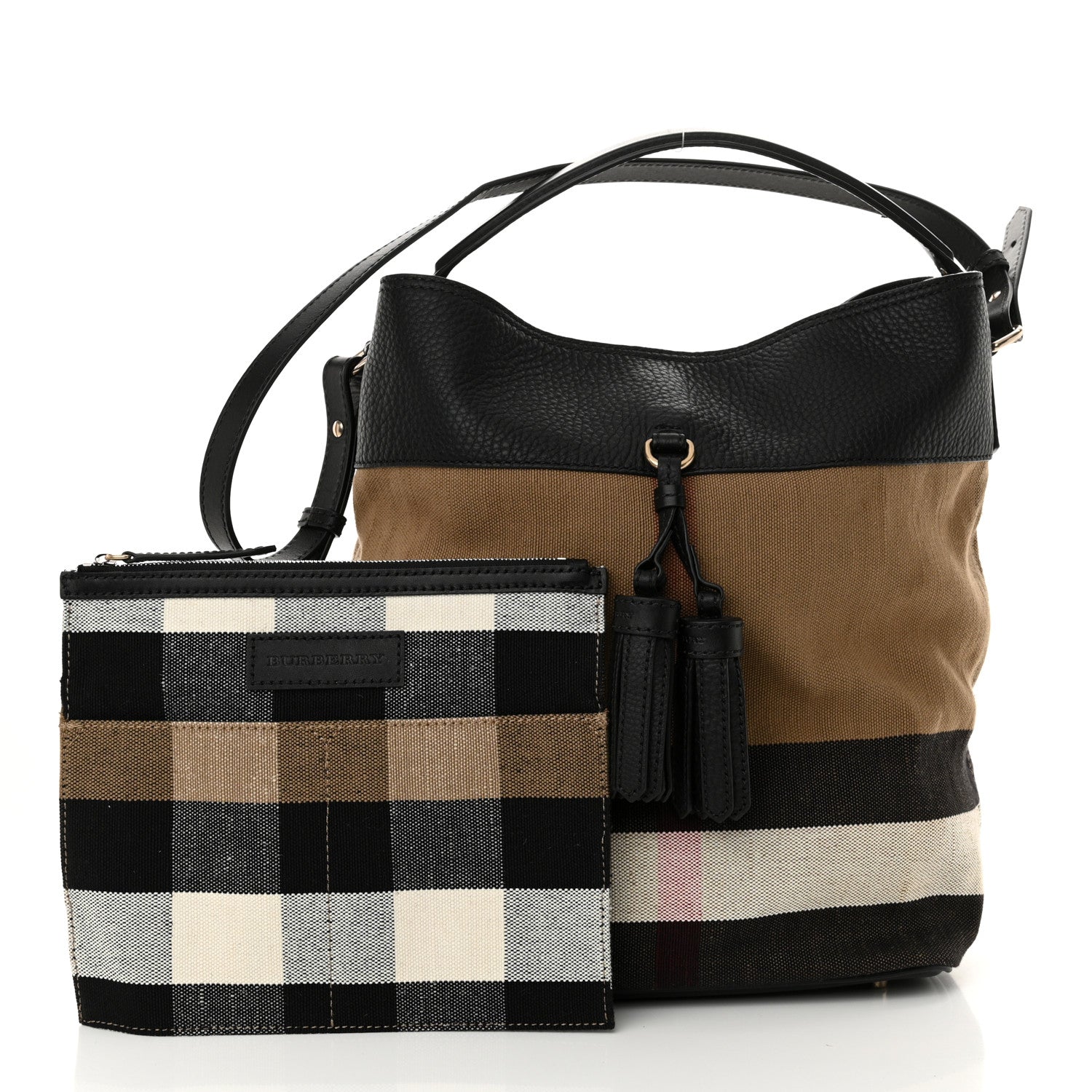 Grainy Calfskin Canvas Mega Check Medium Ashby Tassel Hobo Black