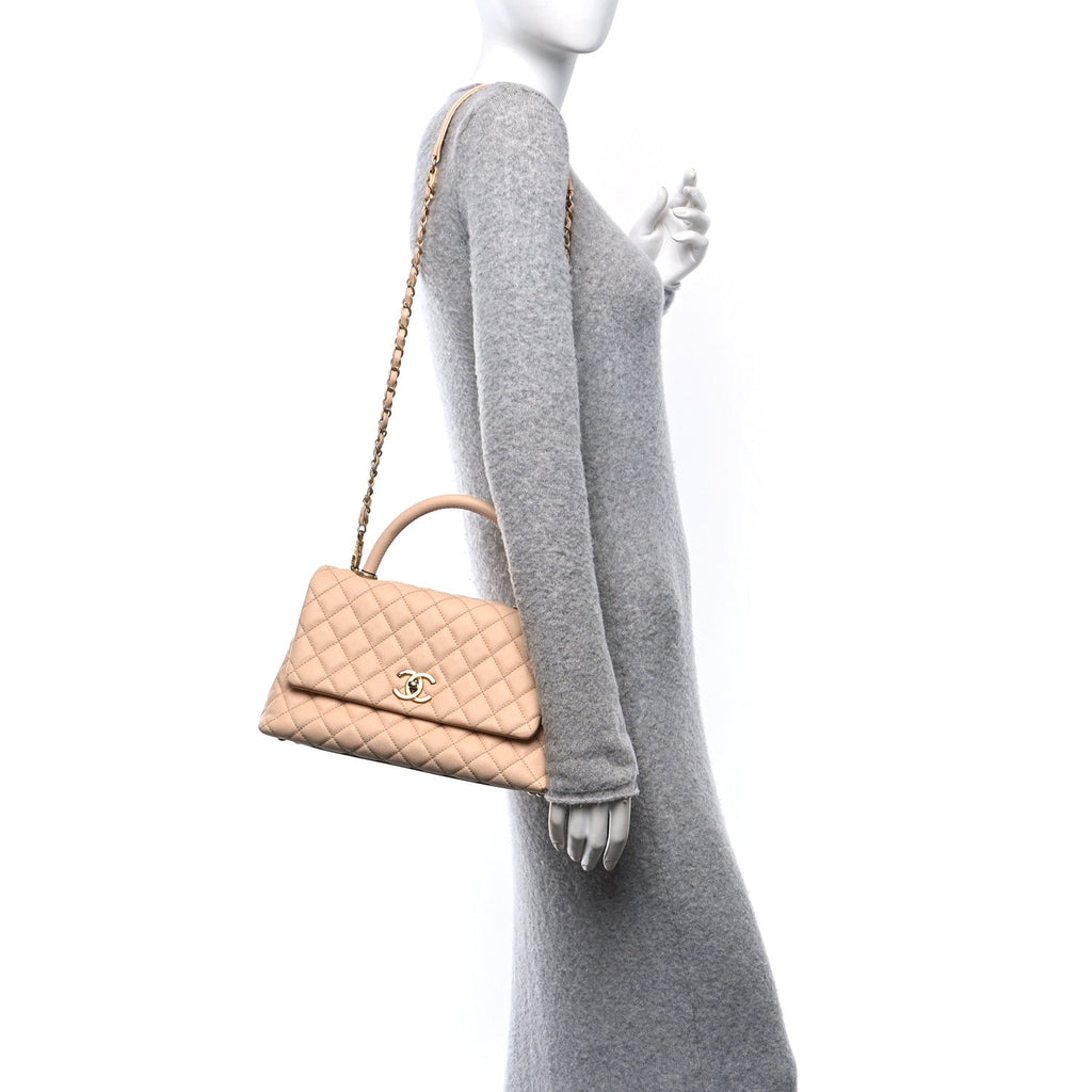 Caviar Quilted Small Coco Handle Flap Beige