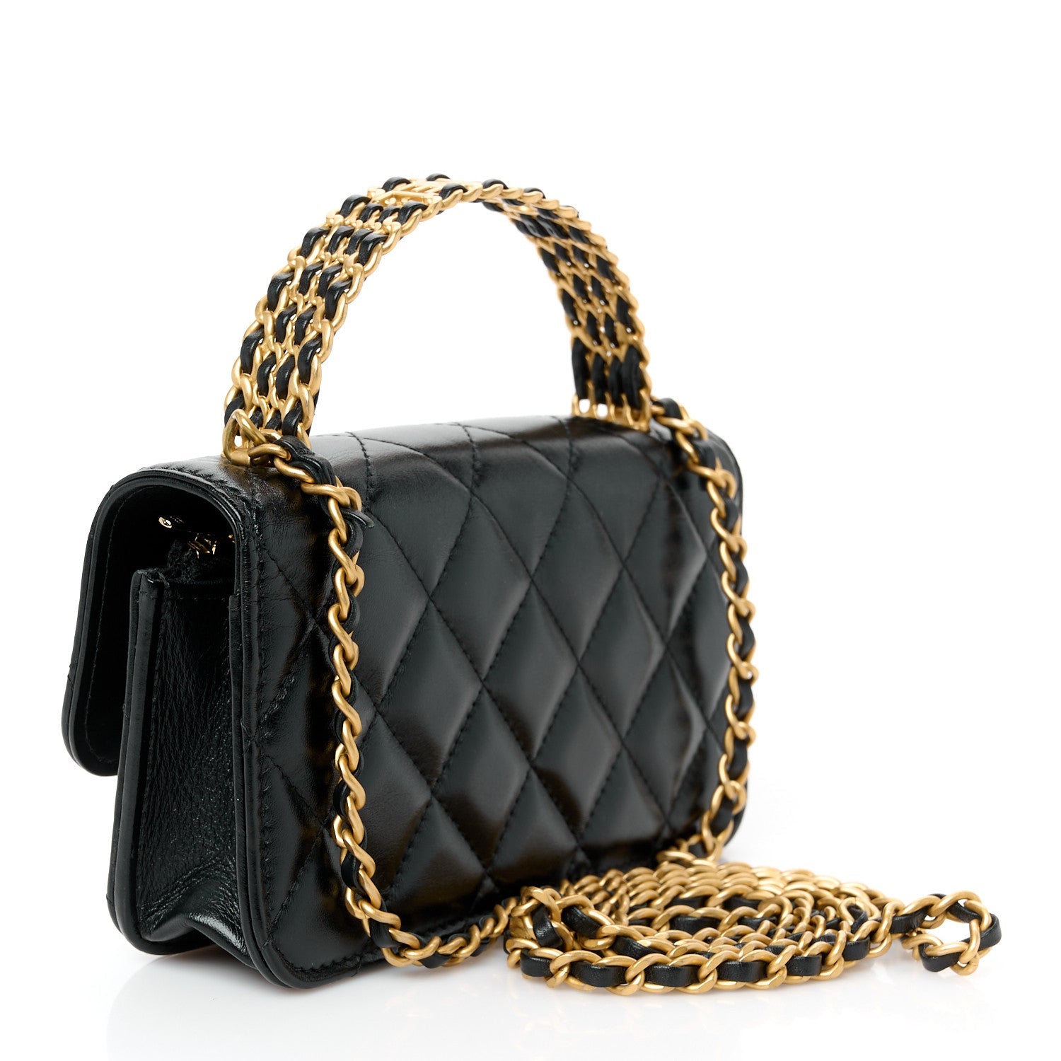 Shiny Calfskin Quilted Top Handle Flap Phone Holder With Chain Black