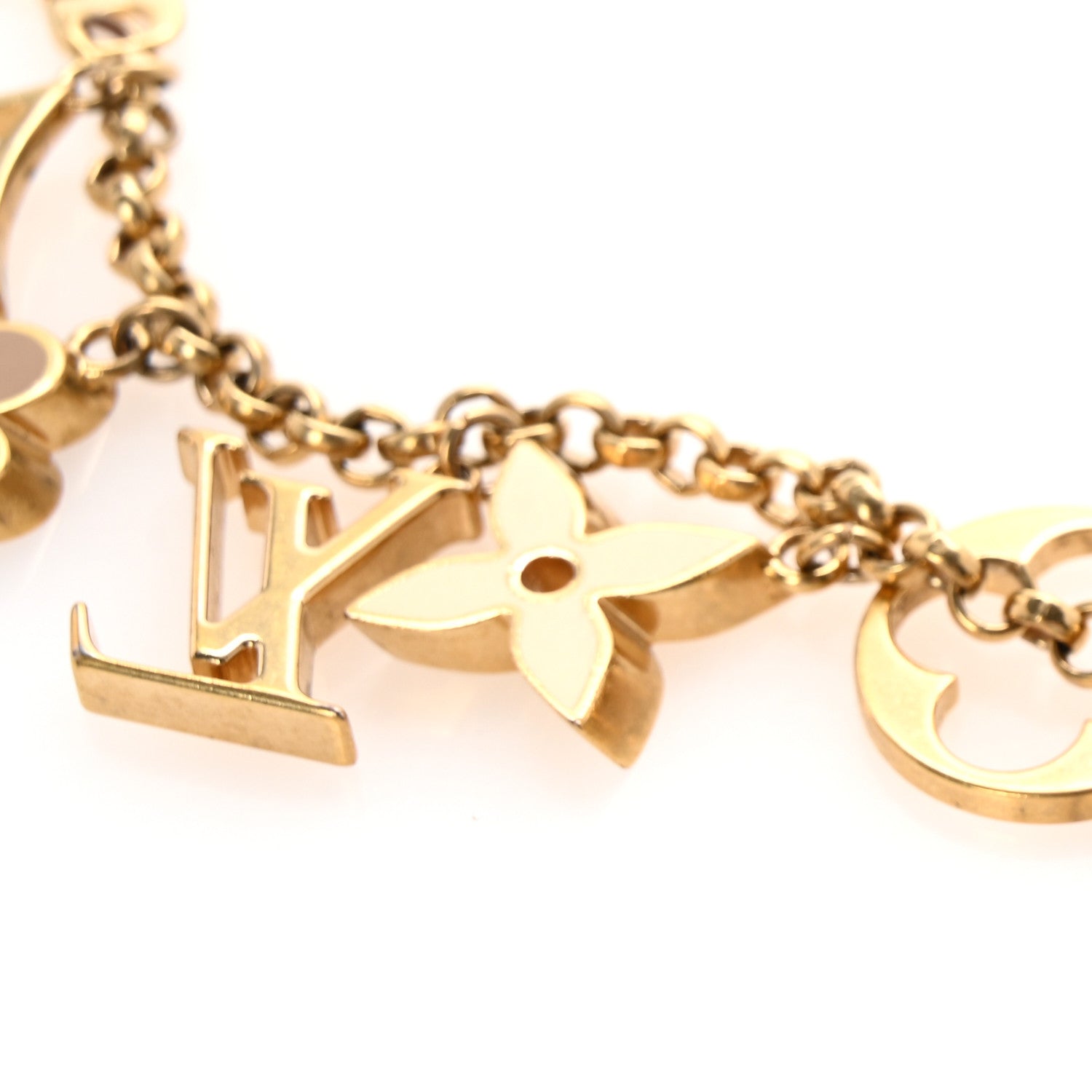 Brass Enamel Fleur De Monogram Bag Charm Chain Gold