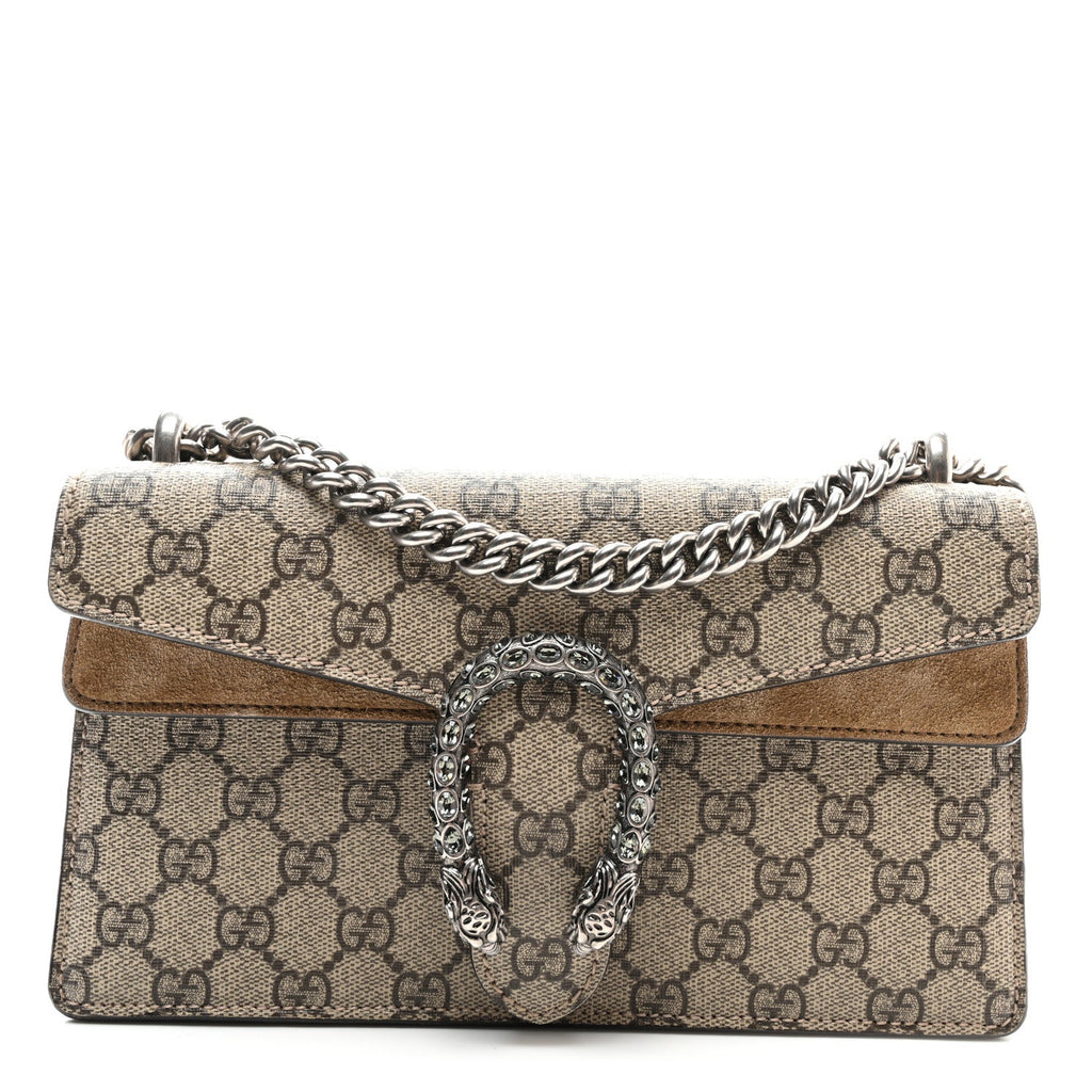GG Supreme Monogram Suede Crystal Small Dionysus Shoulder Bag Beige Ebony Taupe