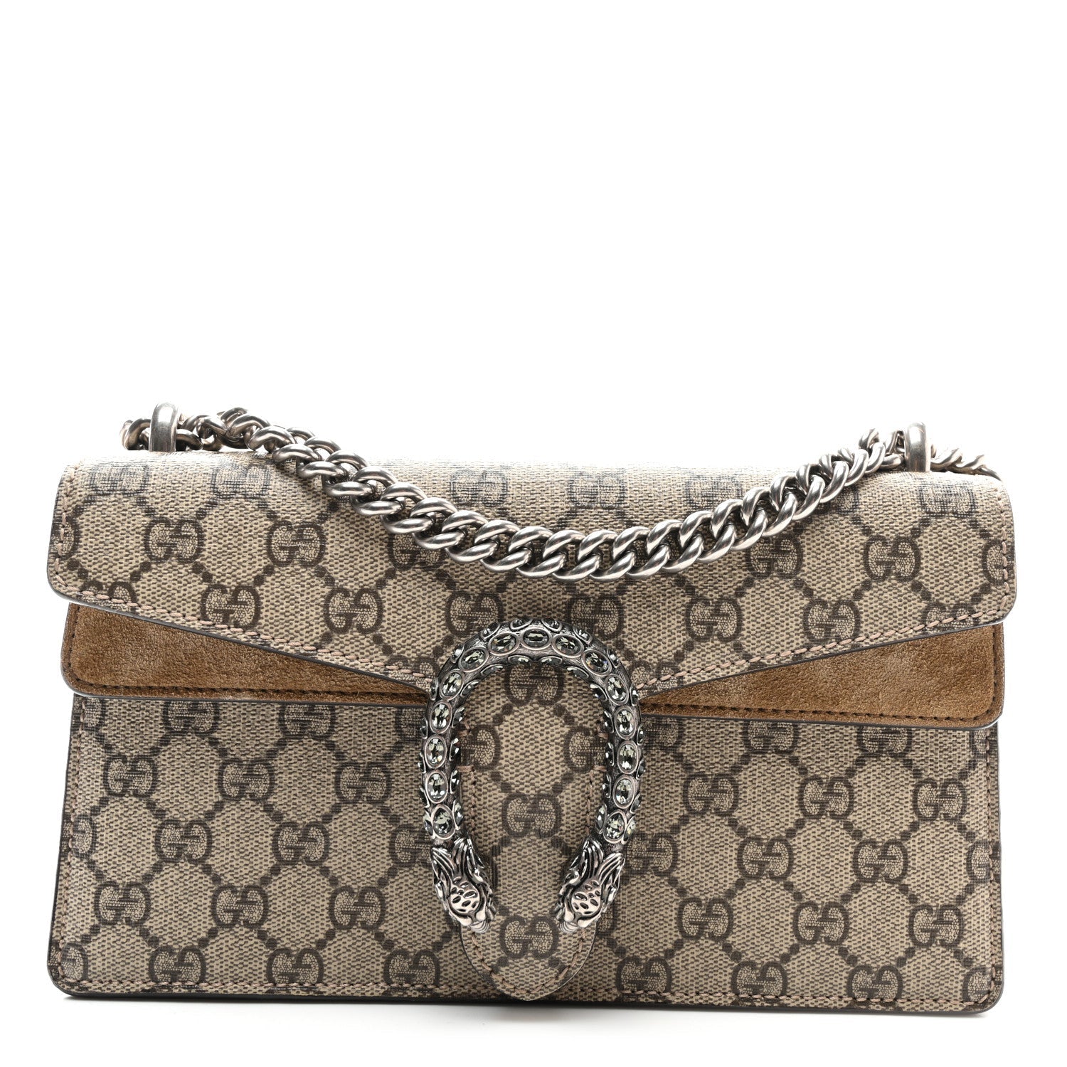 GG Supreme Monogram Suede Crystal Small Dionysus Shoulder Bag Beige Ebony Taupe