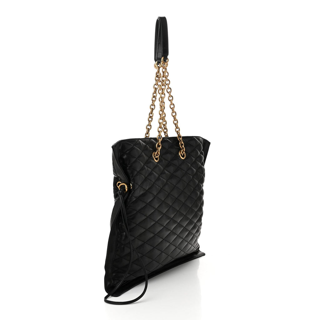 Lambskin Quilted Pochon Drawstring Tote Bag Black