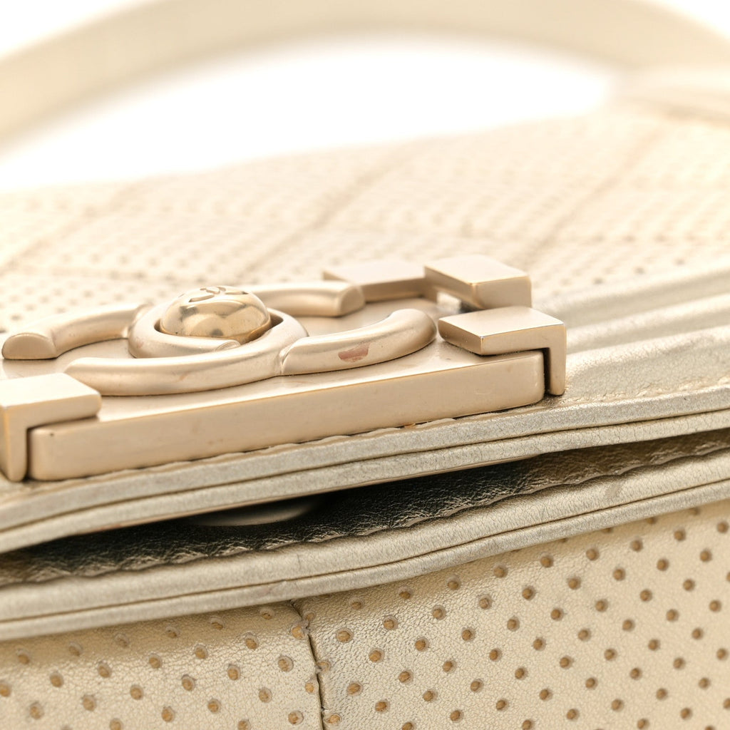 Metallic Perforated Lambskin Quilted Medium Boy Flap Gold