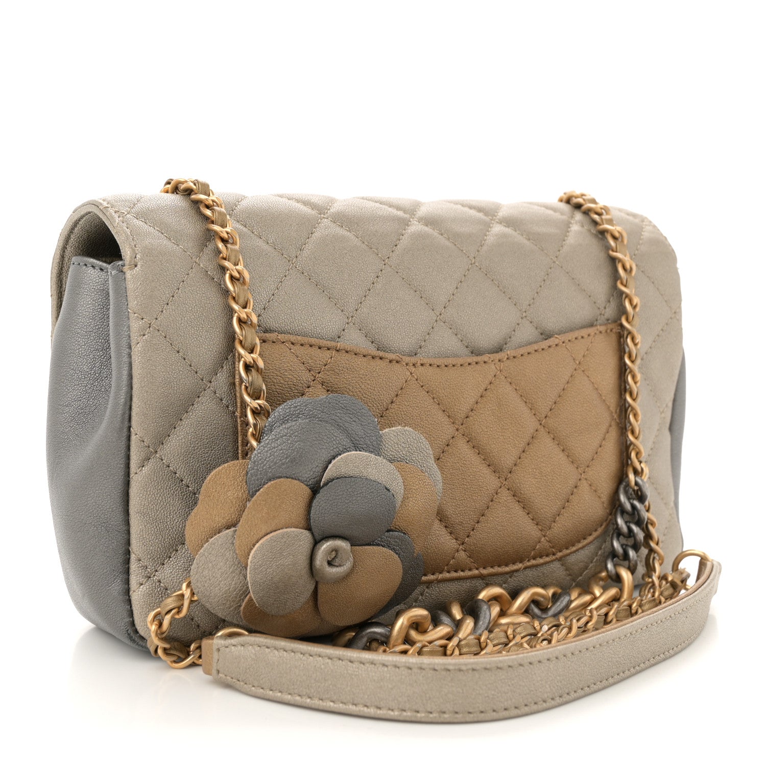 Metallic Lambskin Quilted Camellia Flower Flap Pale Gold Silver Dark Gold