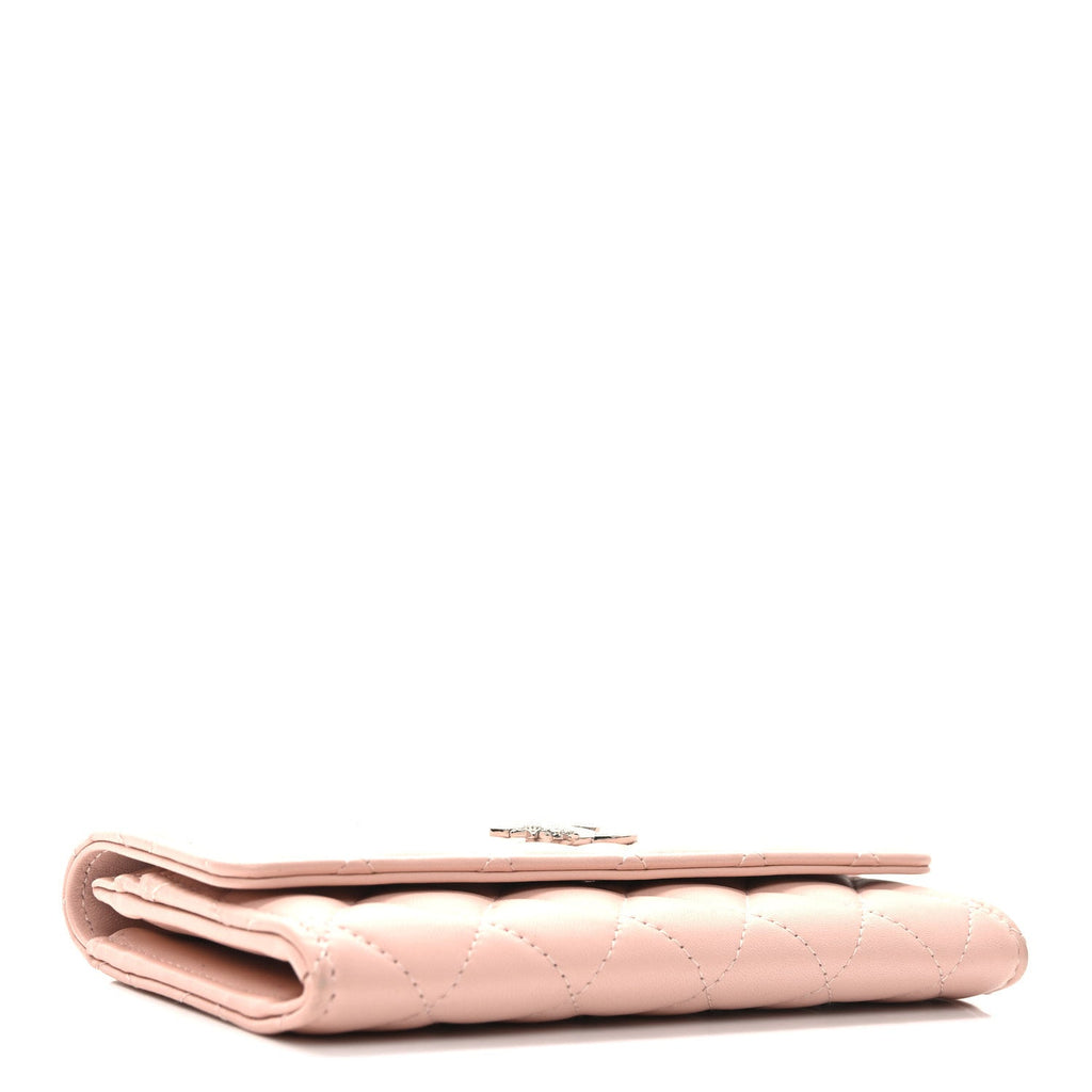 Calfskin Quilted Crystal CC Star Flap Wallet Light Pink