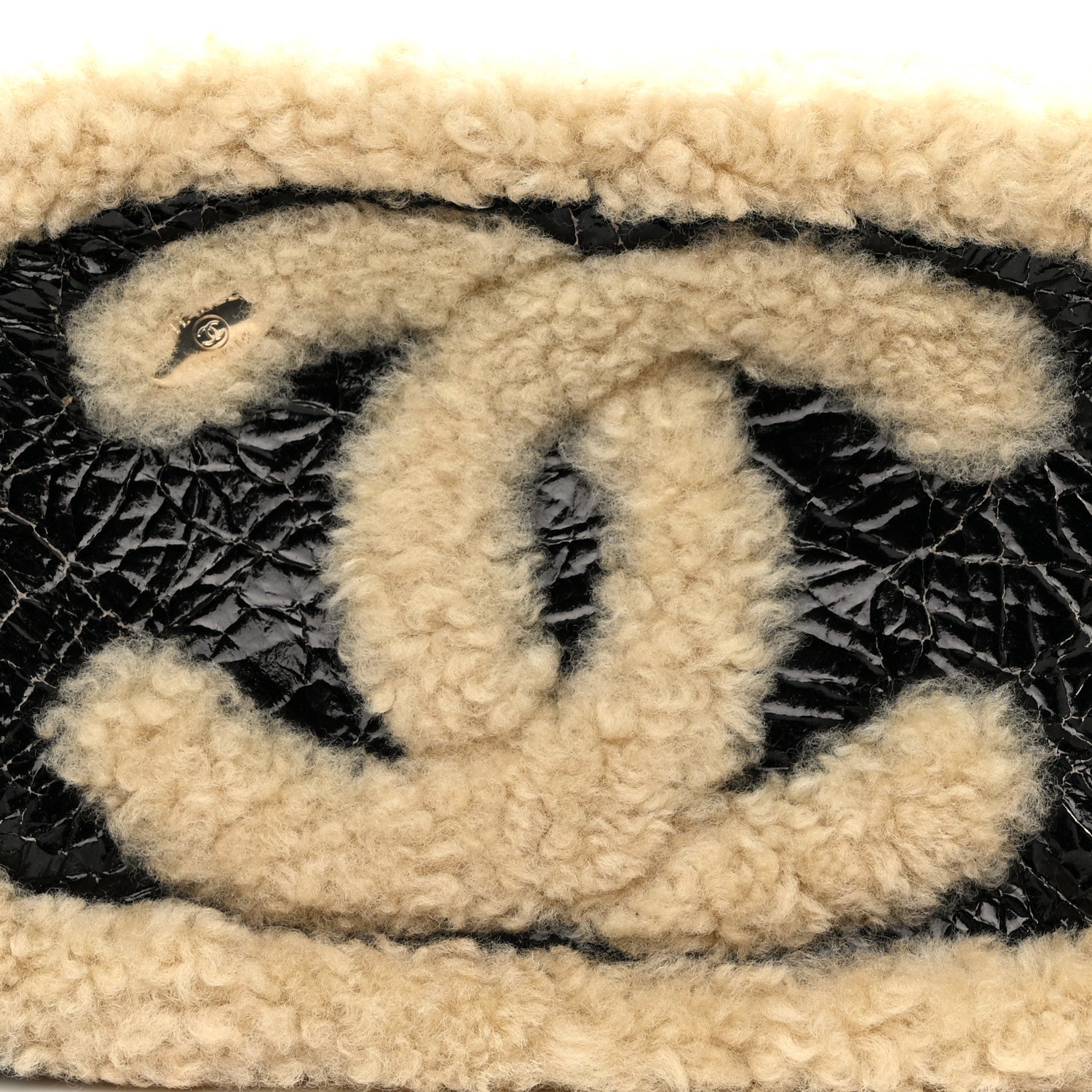 Shiny Crumpled Sheepskin Shearling Waist Bag Black Beige