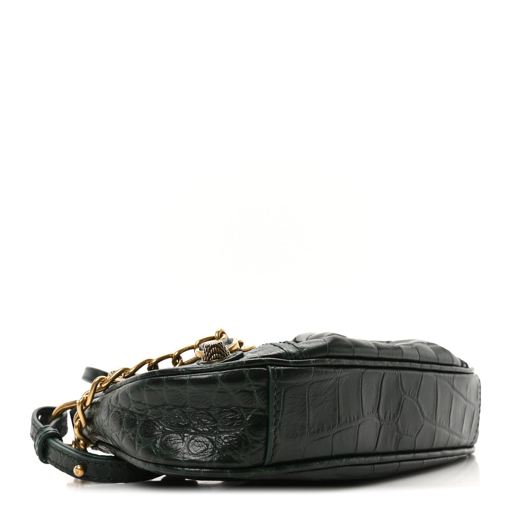 Extra Supple Calfskin Crocodile Embossed Mini Le Cagole Purse With Chain Forest Green