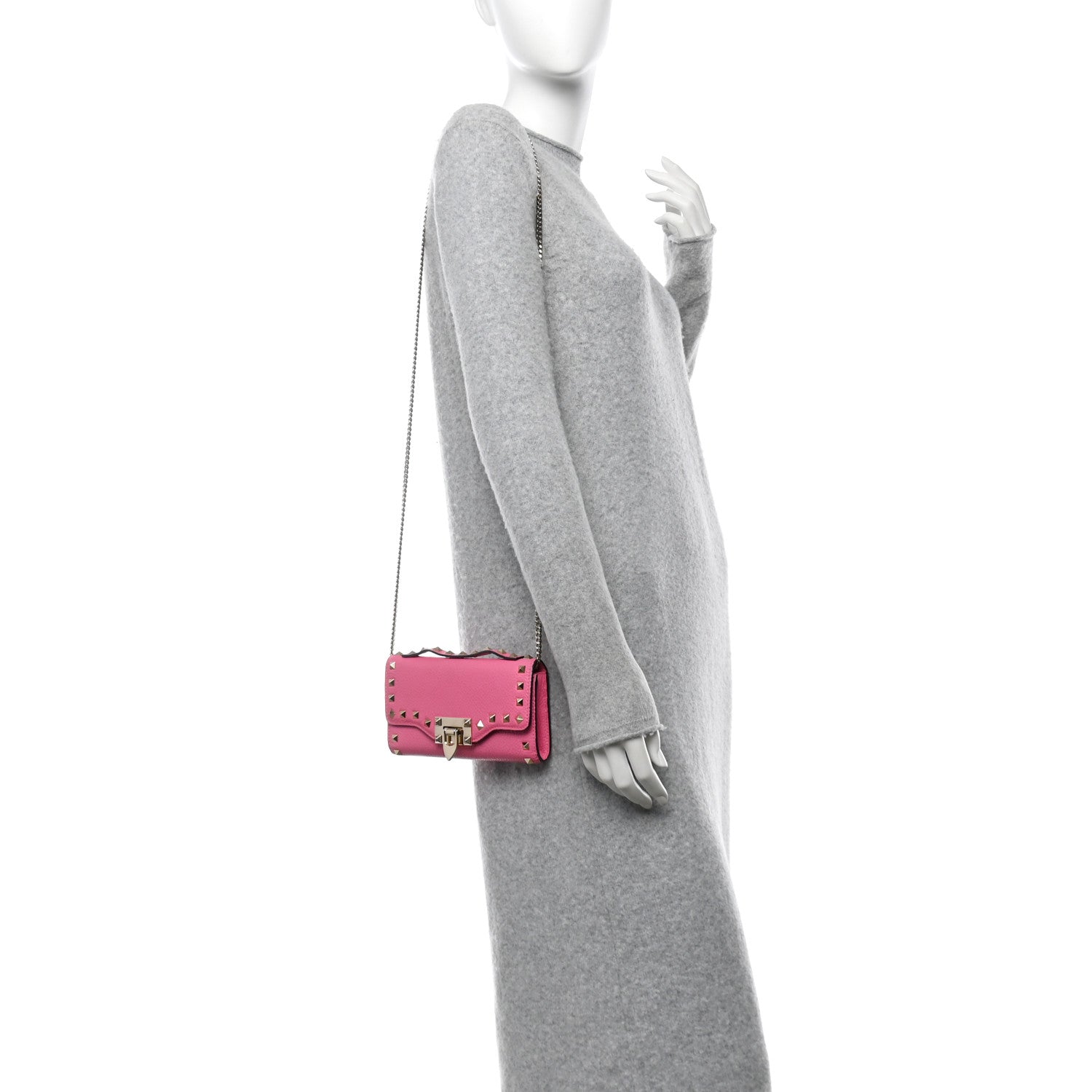 Pebbled Calfskin Rockstud Flip Lock Wallet On Chain Feminine Pink