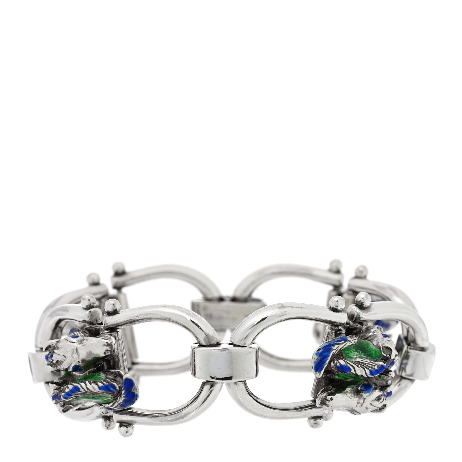 Sterling Silver Enamel Horse Head Link Chain Bracelet Blue Green