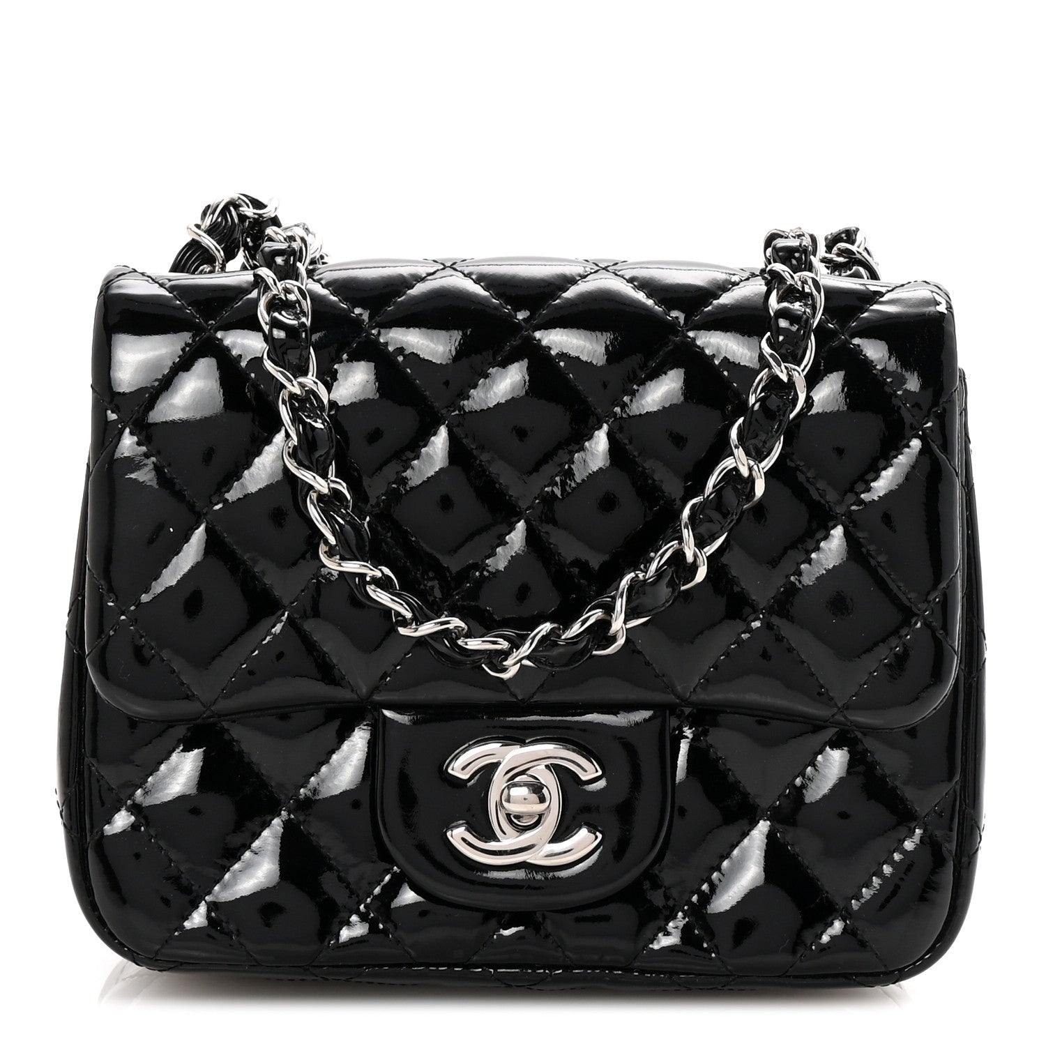 Patent Calfskin Quilted Mini Square Flap Black