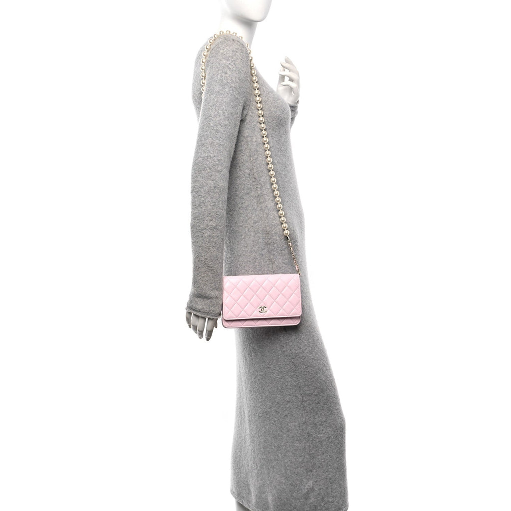 Lambskin Quilted Pearl Wallet On Chain WOC Pink
