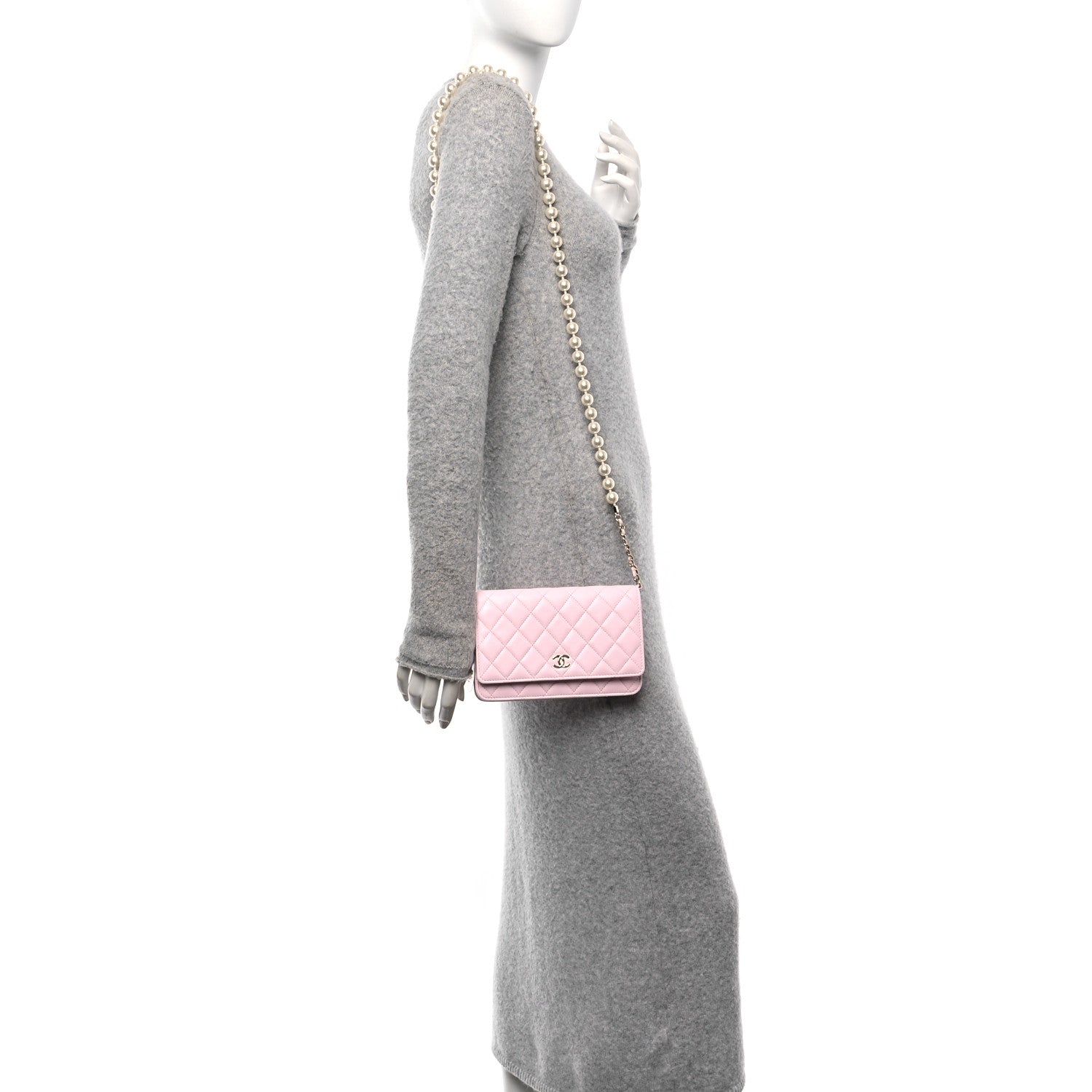 Lambskin Quilted Pearl Wallet On Chain WOC Pink